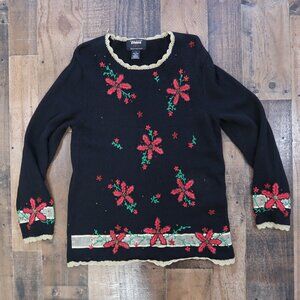 Designers Originals Studio Joy Small Black Beaded Poinsettia Christmas Sweater